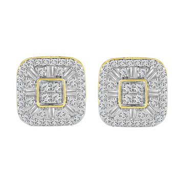 LADIES STUD EARRINGS 1.00CT ROUND/BAGUETTE DIAMOND 10K YELLOW GOLD
