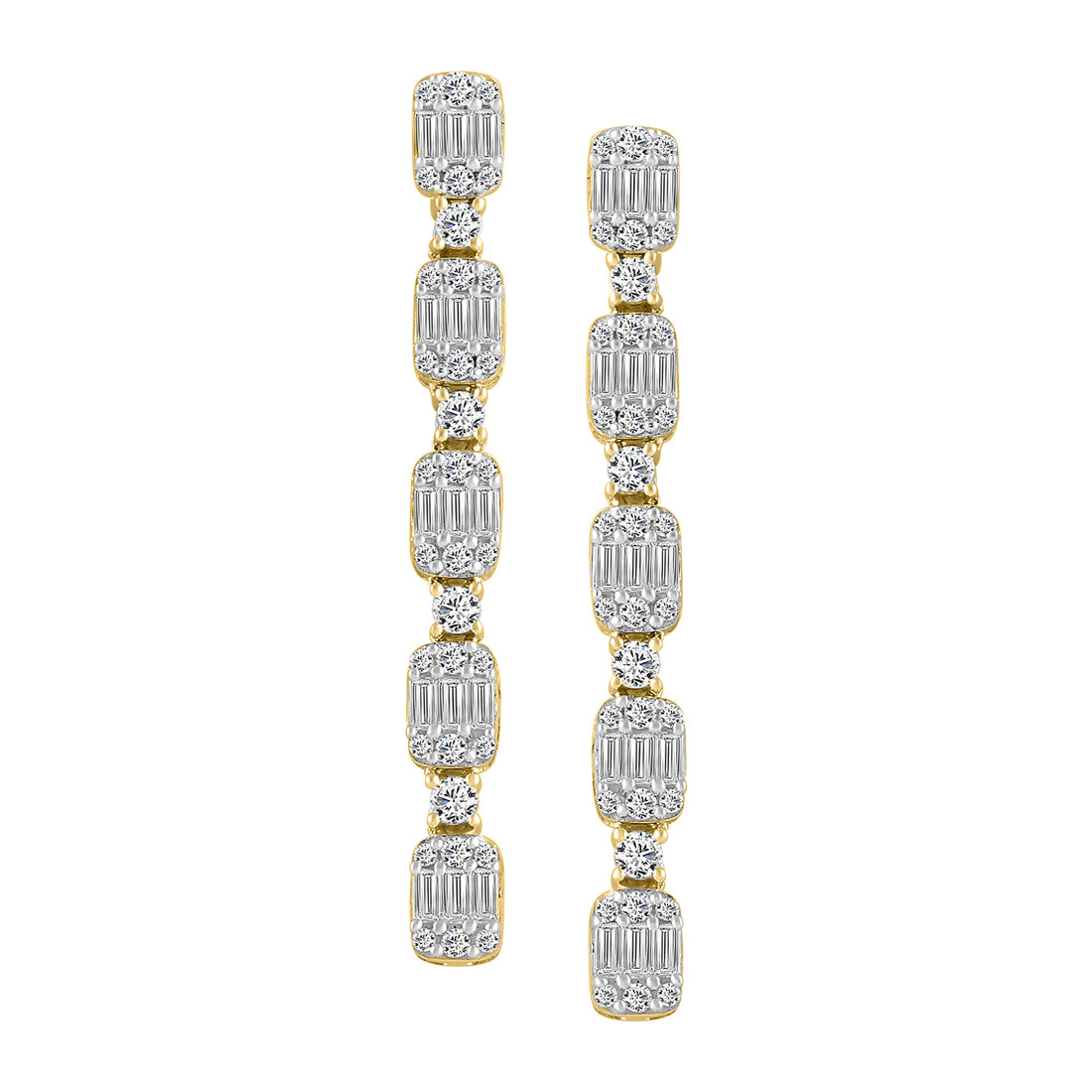 LADIES LINEAR EARRINGS 1.00CT ROUND/BAGUETTE DIAMOND 14K YELLOW GOLD