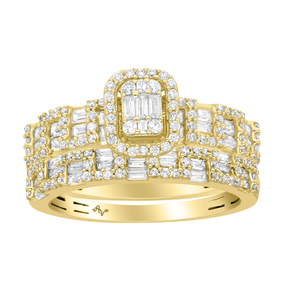 14K Yellow Gold Diamond Bridal Set 1.00CT Round & Baguette Cluster Engagement Ring & Wedding Band