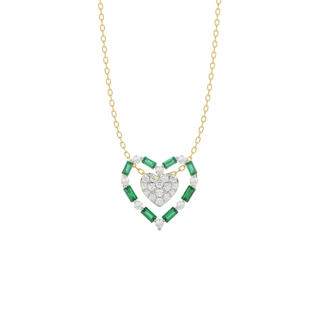 LADIES PENDANT 0.35CT ROUND/GREEN EMERALD BAGUETTE DIAMOND 14K YELLOW GOLD