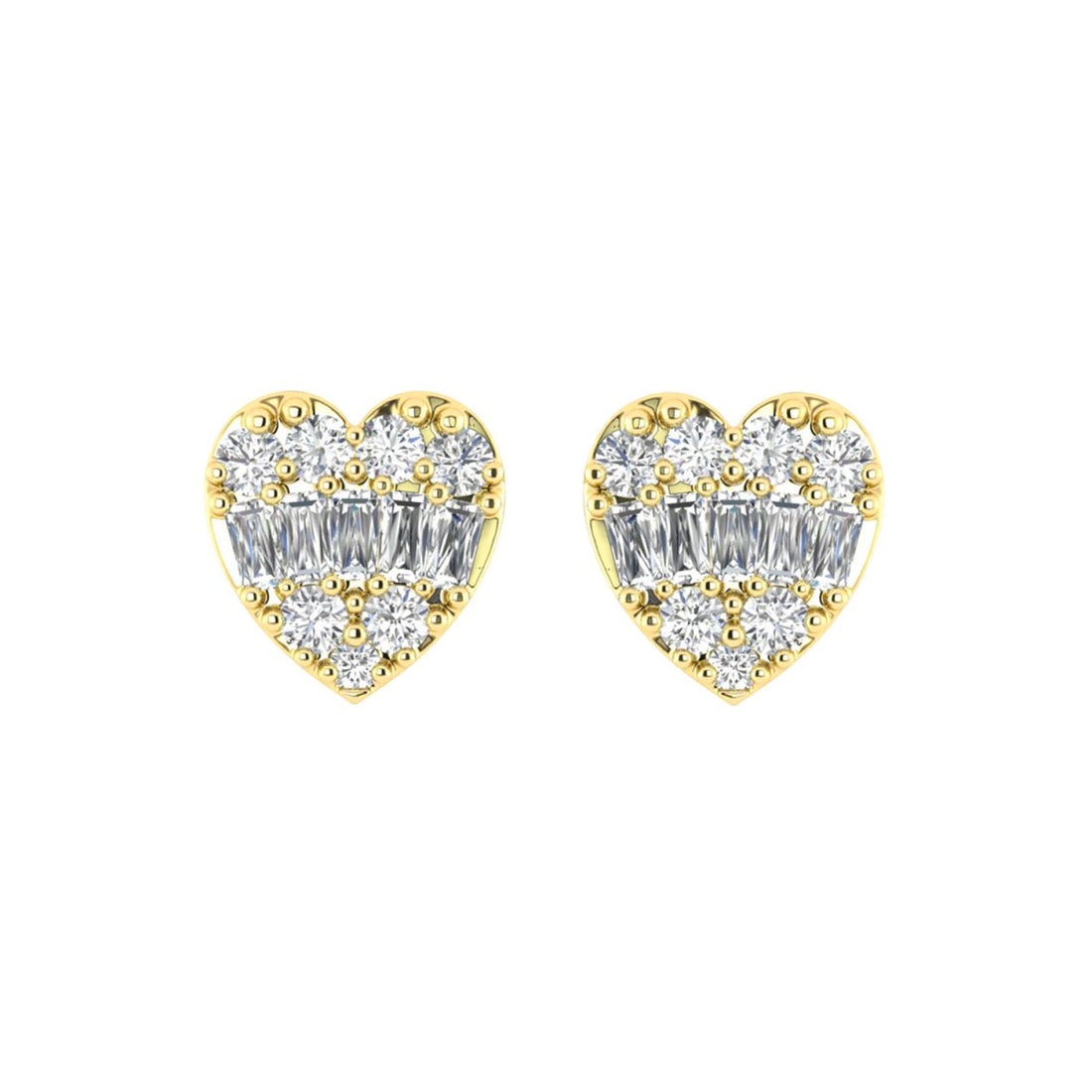 0.25CT Diamond Heart Shape Earrings In 10K Yellow Gold Round & Baguette Diamond Fashion Earrings For Women