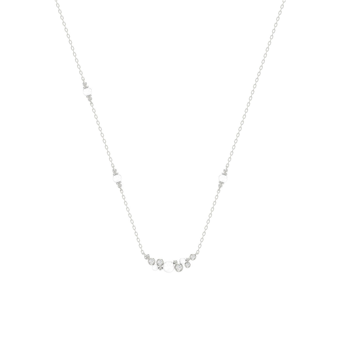 14K White Gold 0.16Ct Ladies Pearl Necklace  Round Diamond Bezel Design