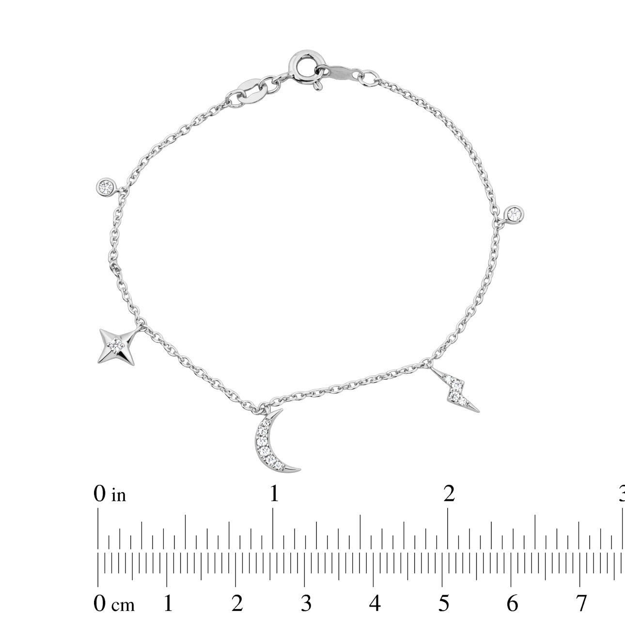 Women’S Sterling Silver White Bracelet – 0.20Ct Round Diamonds, Stars & Moon Design