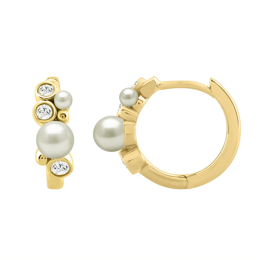 Elegant Ladies Hoop Earrings – 0.20Ct Round Diamonds With Pearl Cluster, 14K Yellow  Gold