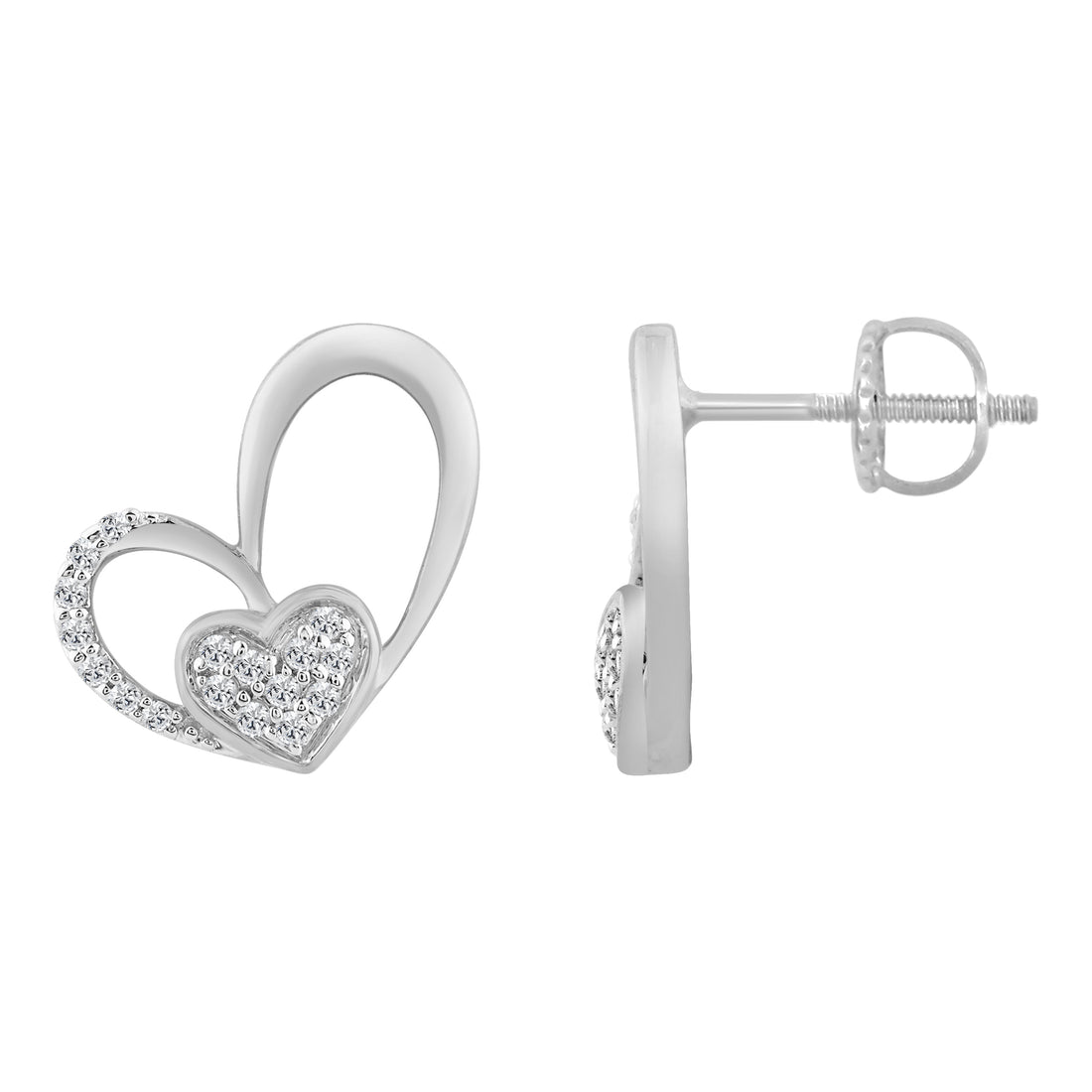 10K WHITE GOLD DOUBLE HEART DIAMOND EARRING FOR LADIES 0.15CT ROUND DIAMOND