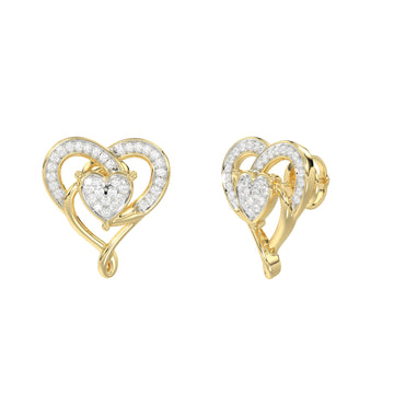 10K YELLOW GOLD DOUBLE HEART DIAMOND EARRINGS 0.15CT ROUND DIAMOND LADIES JEWELRY