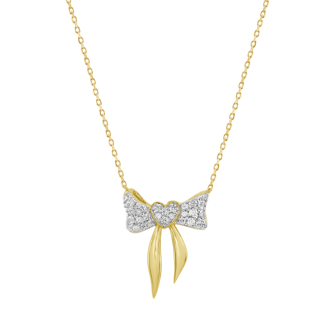 10K Yellow Gold Heart Bow Diamond Necklace 0.25CT Round Diamond Ladies Jewelry Gift