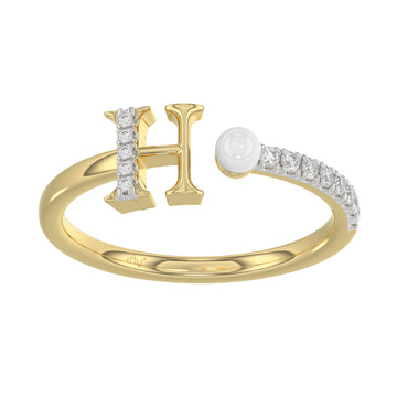 Women’S 10K Yellow Gold Letter “H” Diamond & Pearl Ring 0.10Ct Round Diamond Fine Jewelry