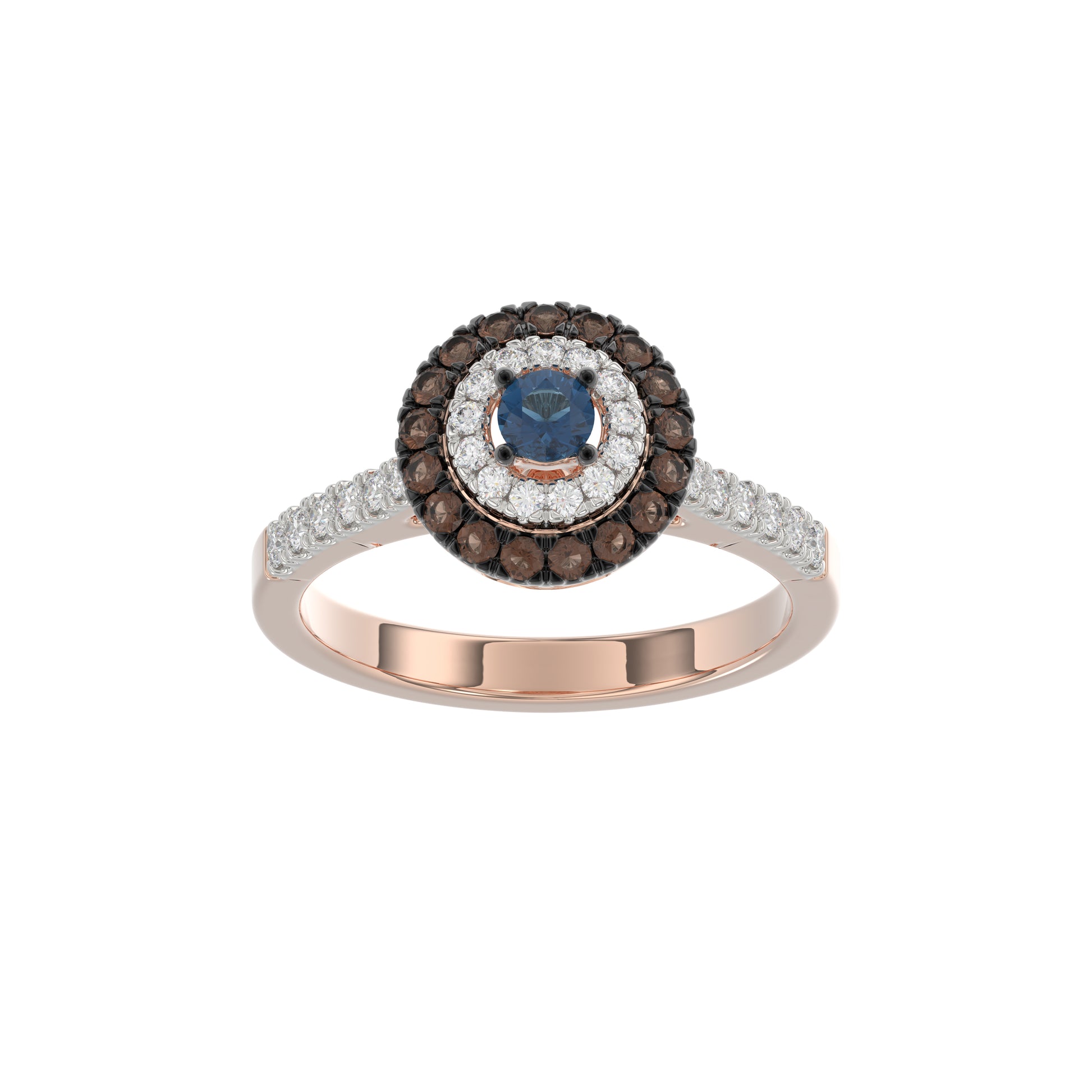 LADIES RING 0.55CT ROUND/ROUND BLUE/DARK BROWN DIAMOND 14K ROSE GOLD