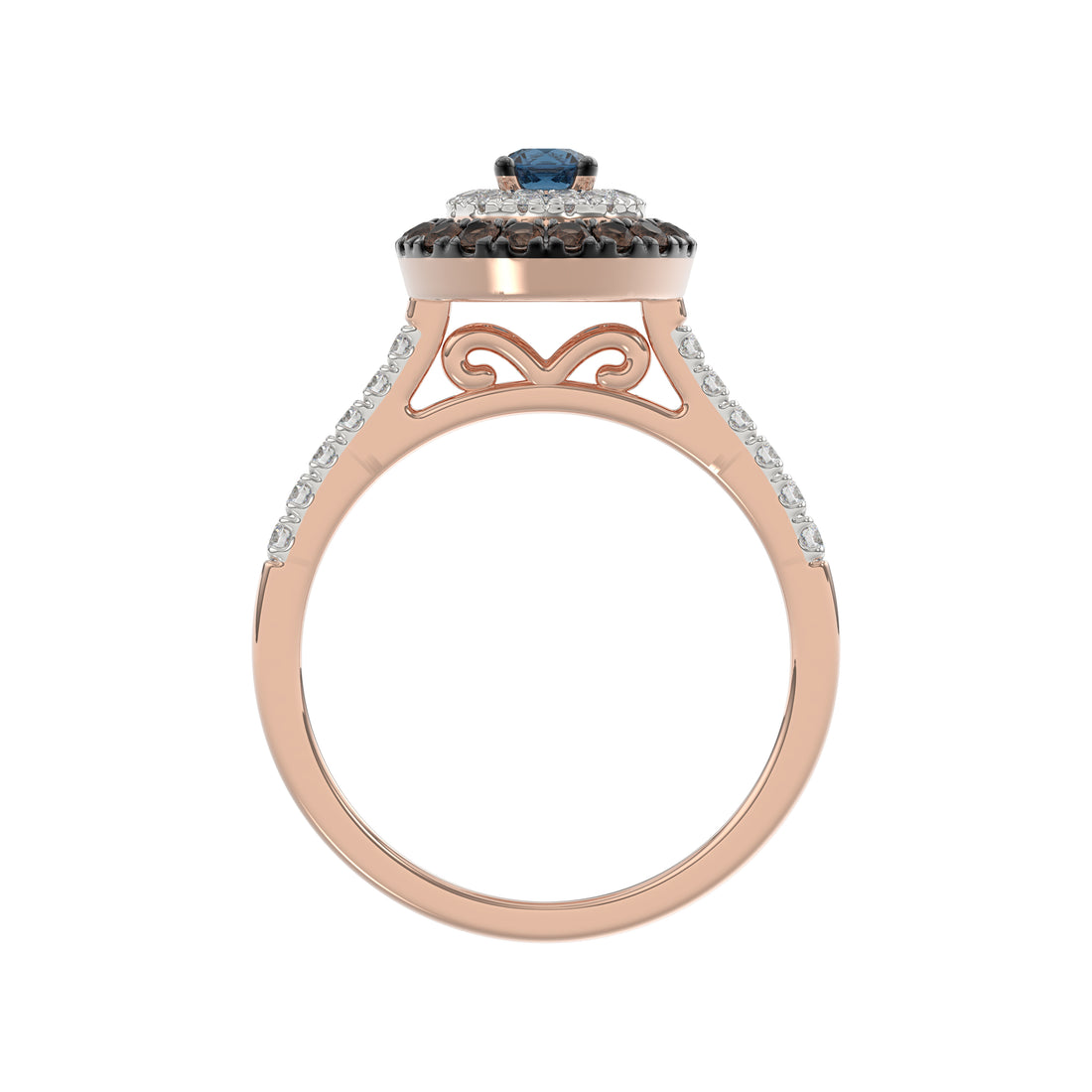 LADIES RING 0.55CT ROUND/ROUND BLUE/DARK BROWN DIAMOND 14K ROSE GOLD