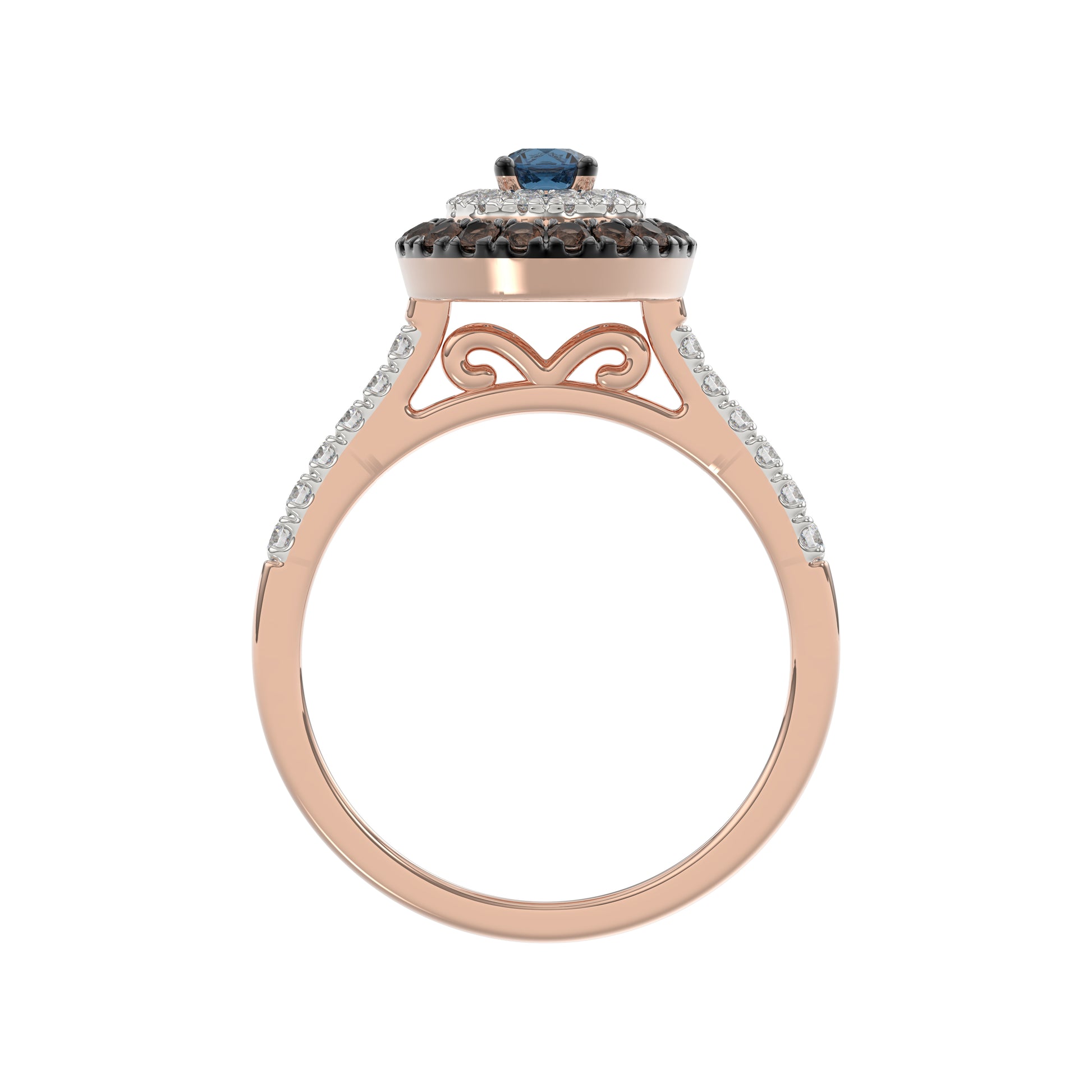 LADIES RING 0.55CT ROUND/ROUND BLUE/DARK BROWN DIAMOND 14K ROSE GOLD