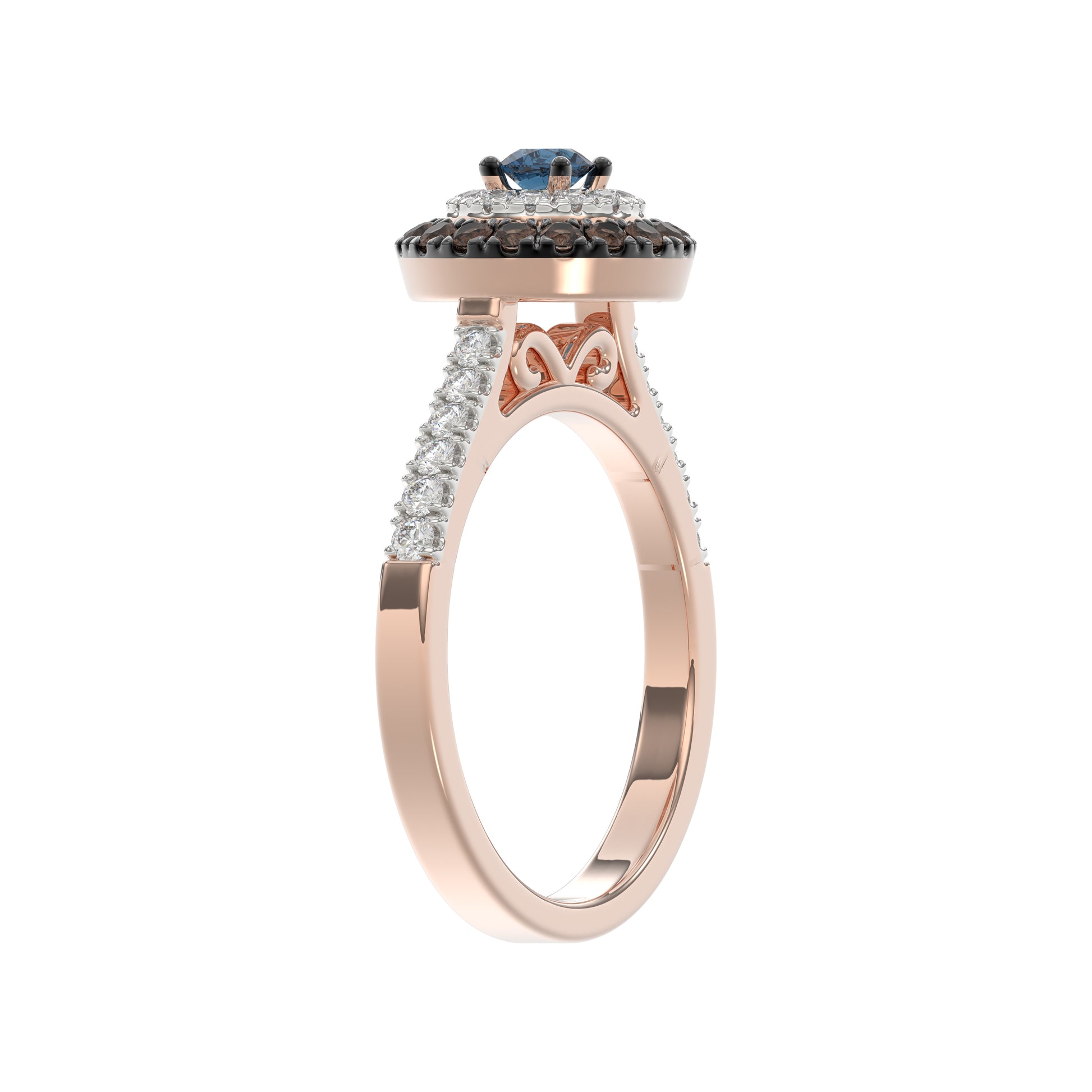 LADIES RING 0.55CT ROUND/ROUND BLUE/DARK BROWN DIAMOND 14K ROSE GOLD