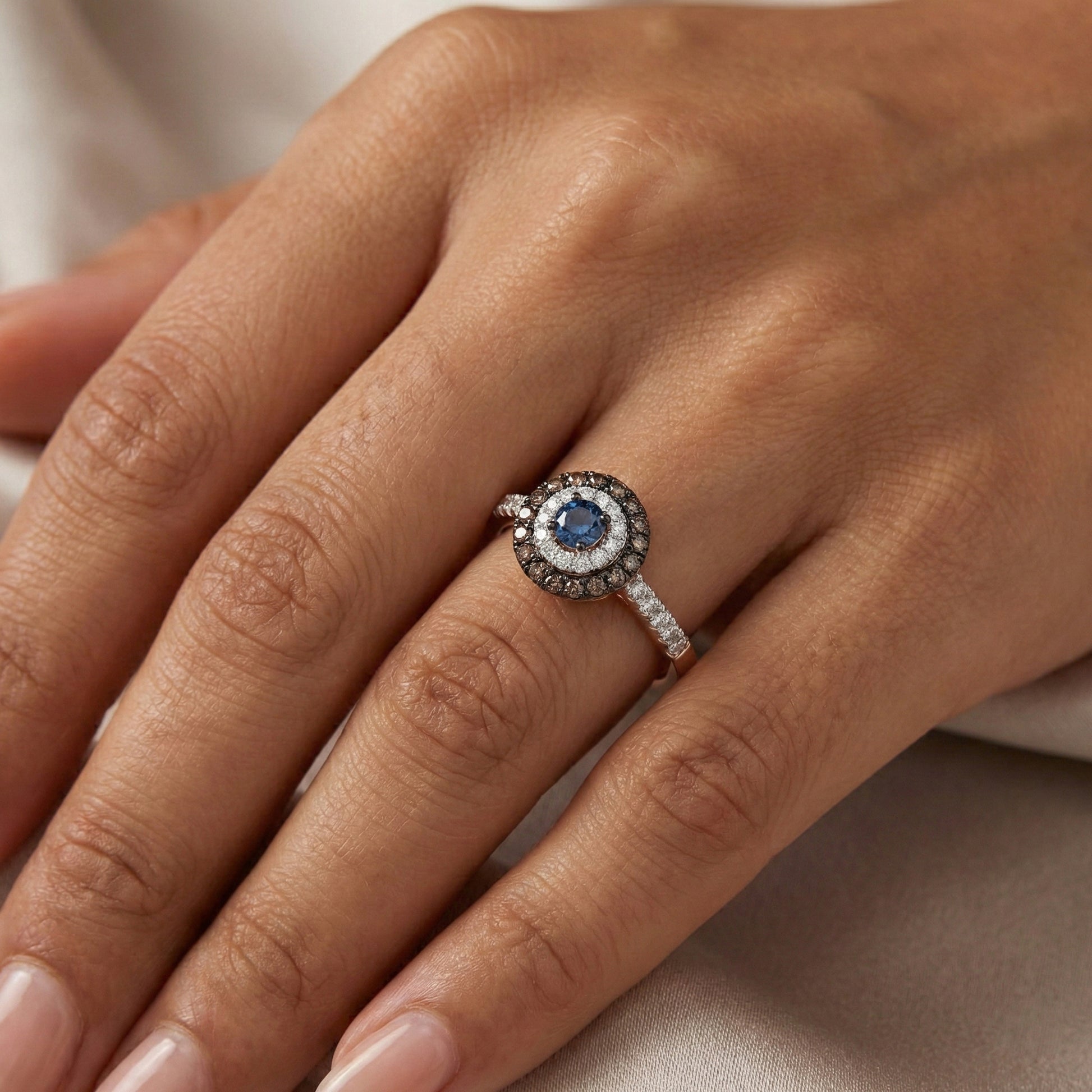 LADIES RING 0.55CT ROUND/ROUND BLUE/DARK BROWN DIAMOND 14K ROSE GOLD