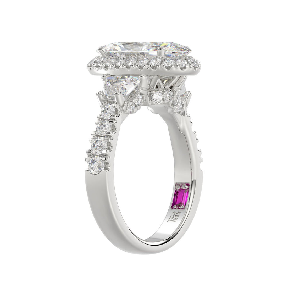 21K PLATINUM LADIES RING 3 1/4CT ROUND/OVAL/TRAPEZOID/BAGUETTE DIAMOND (CENTER STONE OVAL DIAMOND 2CT)