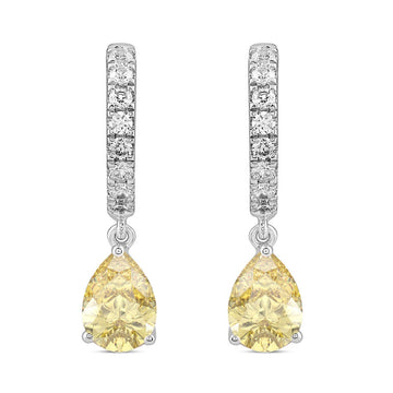 14K WHITE GOLD 2.00CT ROUND/YELLOW PEAR DIAMOND LADIES HOOP EARRINGS 
