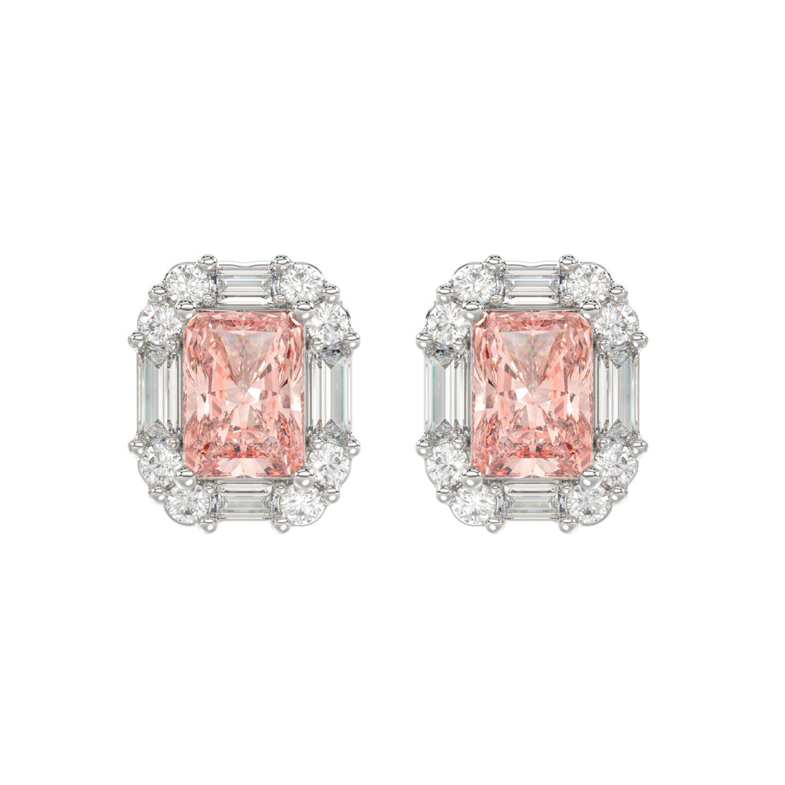 14K WHITE GOLD CRAFTED WITH 18K YELLOW GOLD BACK PLATE 1 1/3CT ROUND/PINK RADIANT/BAGUETTE DIAMOND LADIES EARRINGS