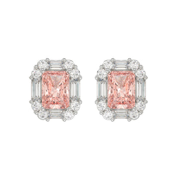 14K WHITE GOLD CRAFTED WITH 18K YELLOW GOLD BACK PLATE 1 1/3CT ROUND/PINK RADIANT/BAGUETTE DIAMOND LADIES EARRINGS