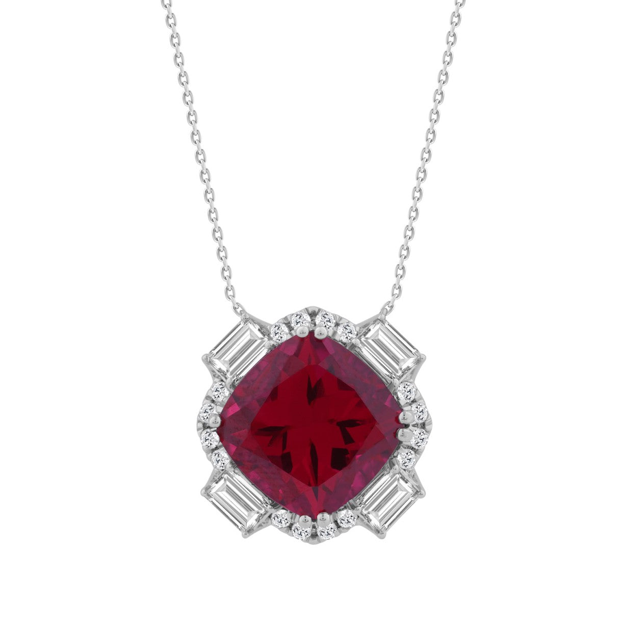 14K WHITE GOLD 1.00CT ROUND/EMERALD/RUBY CUSHION DIAMOND LADIES PENDANT WITH CHAIN