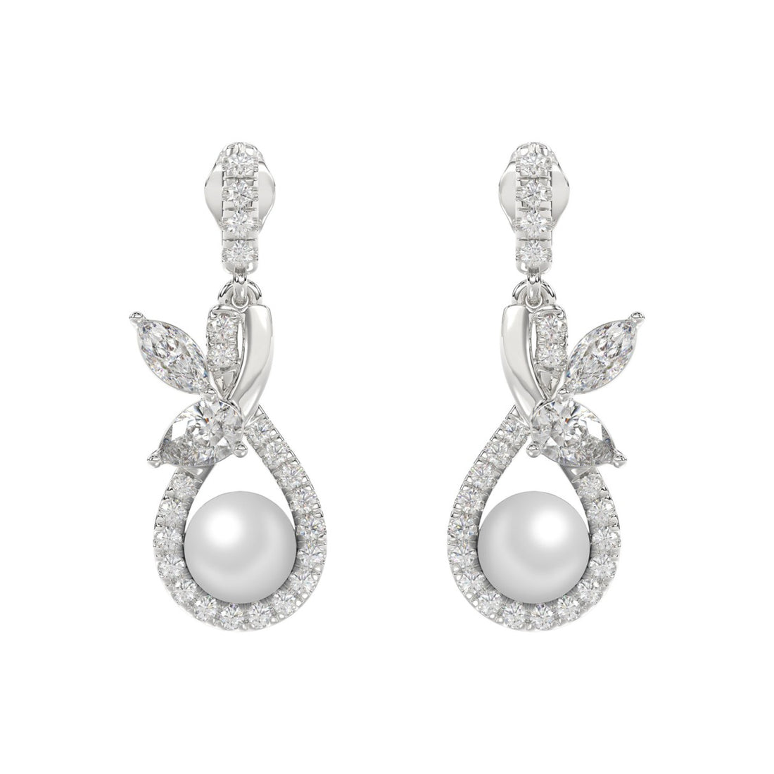 14K WHITE GOLD 3/4CT ROUND/MARQUISE/PEARL DIAMOND LADIES EARRINGS