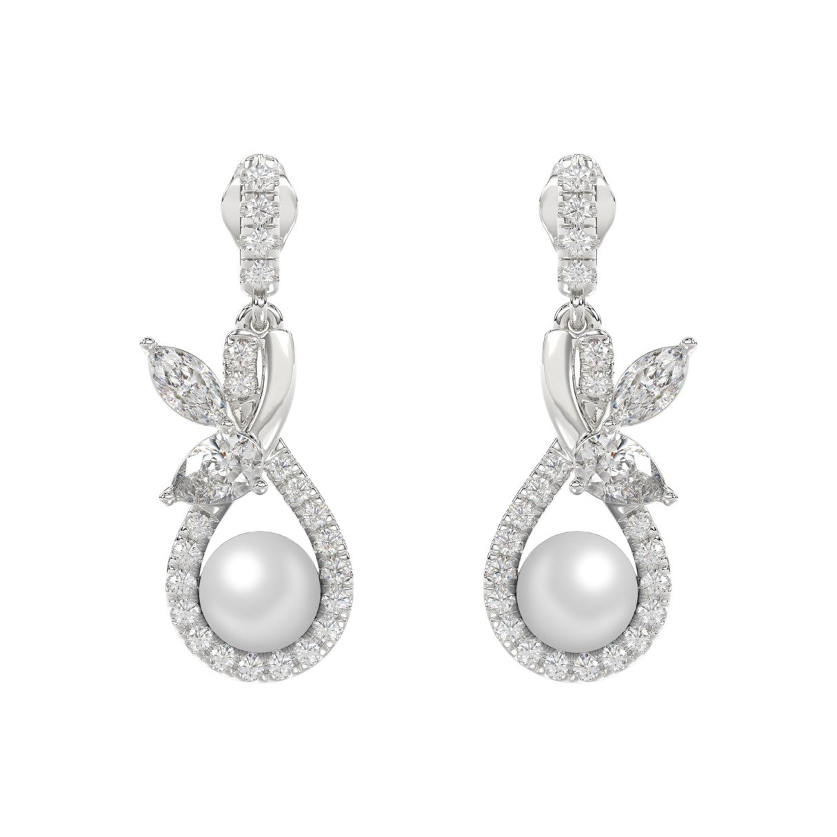 14K WHITE GOLD 3/4CT ROUND/MARQUISE/PEARL DIAMOND LADIES EARRINGS