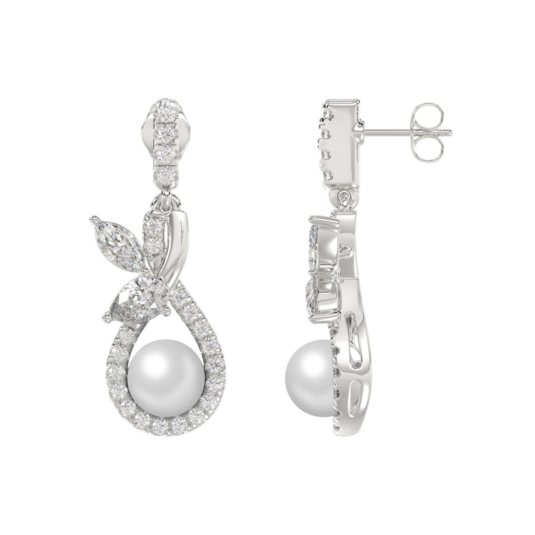 14K WHITE GOLD 3/4CT ROUND/MARQUISE/PEARL DIAMOND LADIES EARRINGS