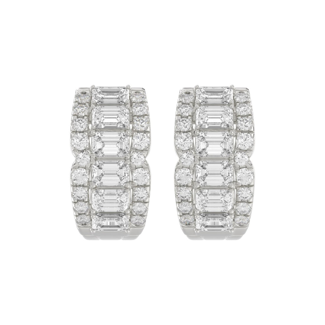 14K WHITE GOLD 1 3/4CT ROUND/EMERALD DIAMOND HOOP EARRINGS