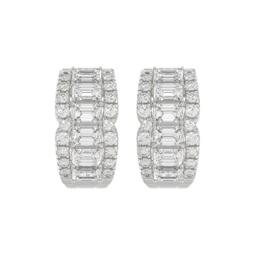 14K WHITE GOLD 1 3/4CT ROUND/EMERALD DIAMOND HOOP EARRINGS