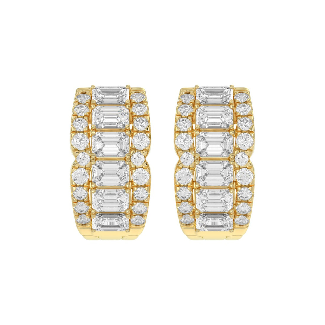 14K YELLOW GOLD 1 3/4CT ROUND/EMERALD DIAMOND HOOP EARRINGS