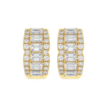 14K YELLOW GOLD 1 3/4CT ROUND/EMERALD DIAMOND HOOP EARRINGS