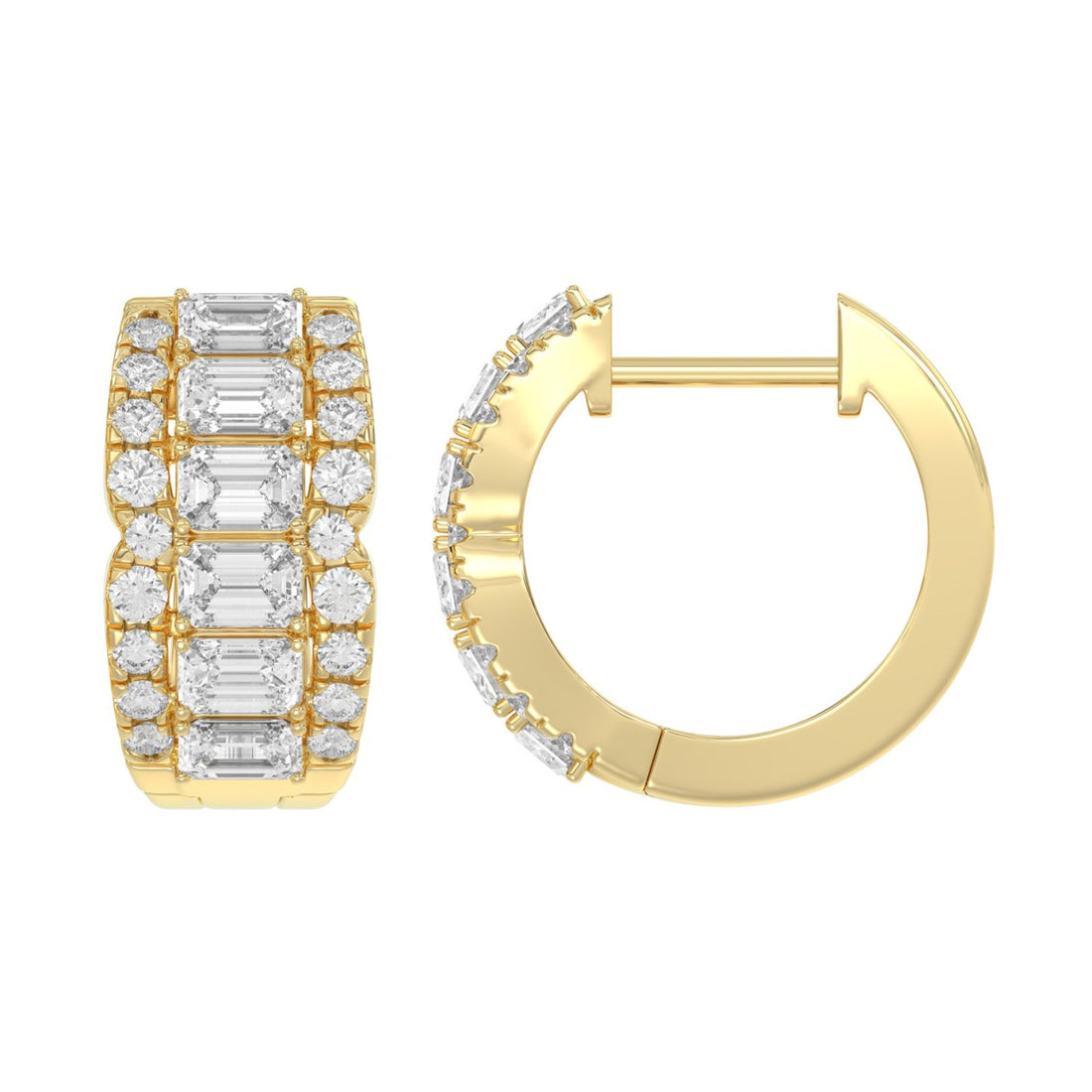 14K YELLOW GOLD 1 3/4CT ROUND/EMERALD DIAMOND HOOP EARRINGS