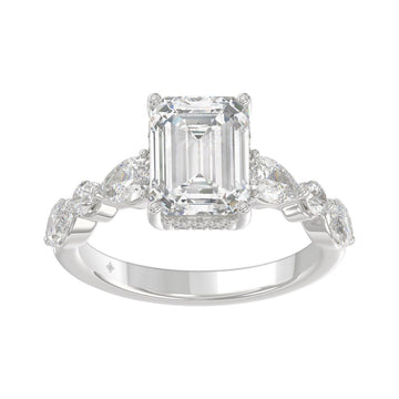 14K White Gold Emerald Cut Diamond Classic Bridal Ring for Ladies 4.00CT with Pear Round &amp; Marquise Diamond 3.00CT Emerald Center stone (Color F-G -Clarity VS1/VS2)